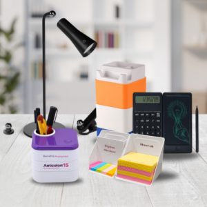 Office accessories like sticky notes, calculators, pen holder, table lamp etc